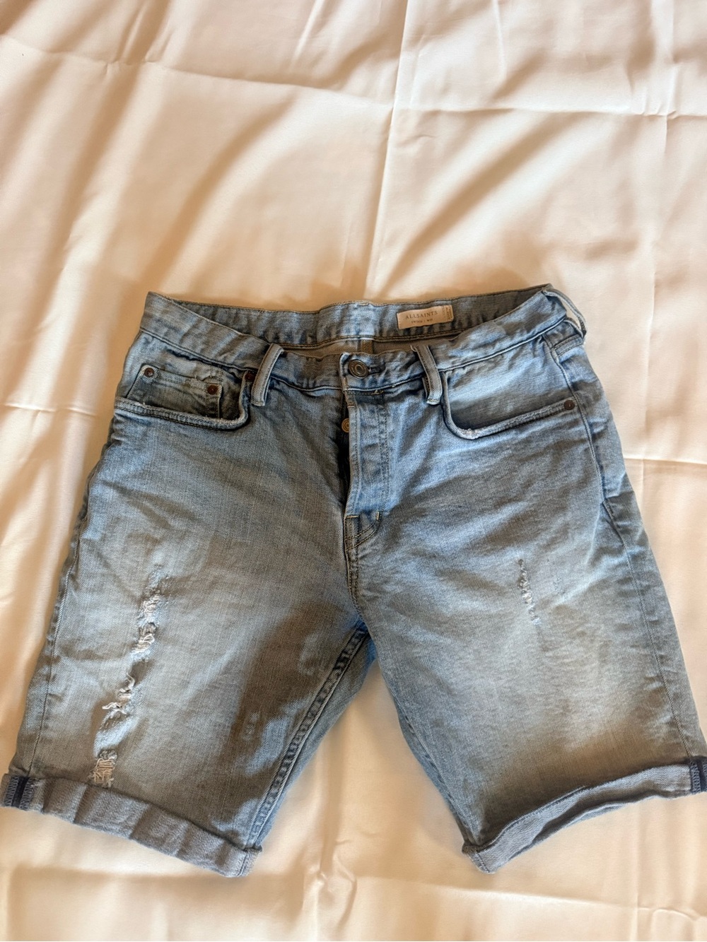 AllSaints Light Blue Distressed Denim Shorts